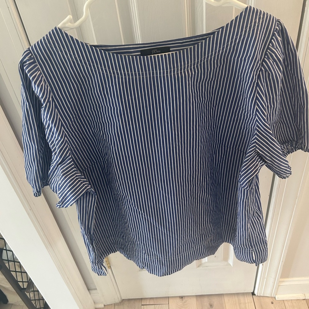 J. Crew Navy and White Striped Cotton Boatneck Blouse